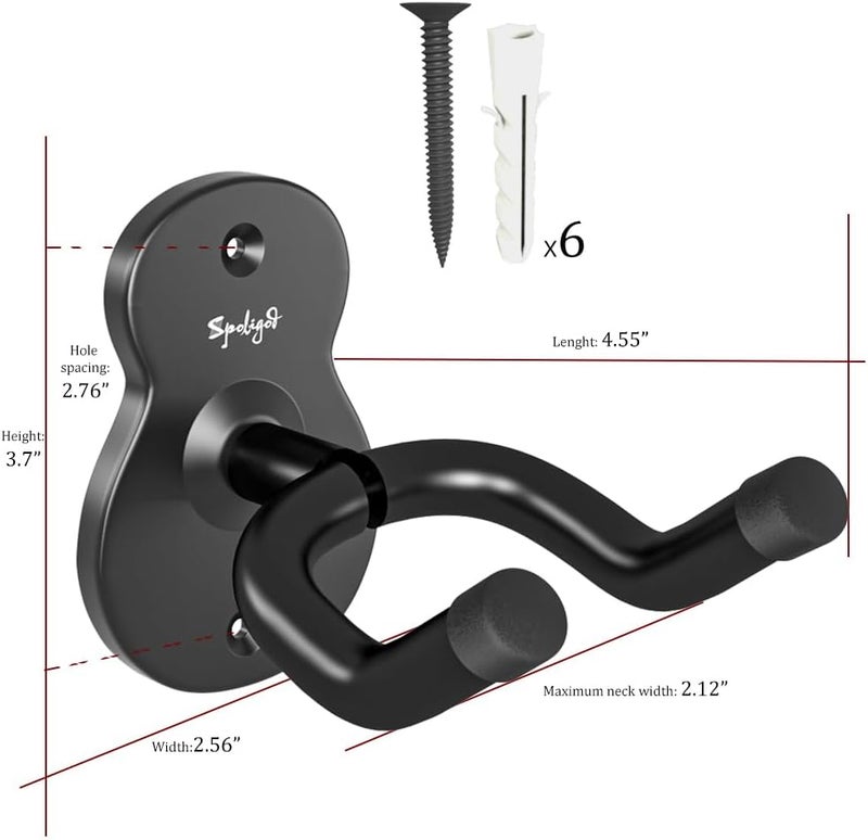 Spoligod Guitar Wall Mount Hanger, 6 Pack Guitar Hanger for Wall, Black Metal Guitar Holder Rack Stand for Basses, Electric Guitar, Acoustic Guitar and Ukulele - Image 2